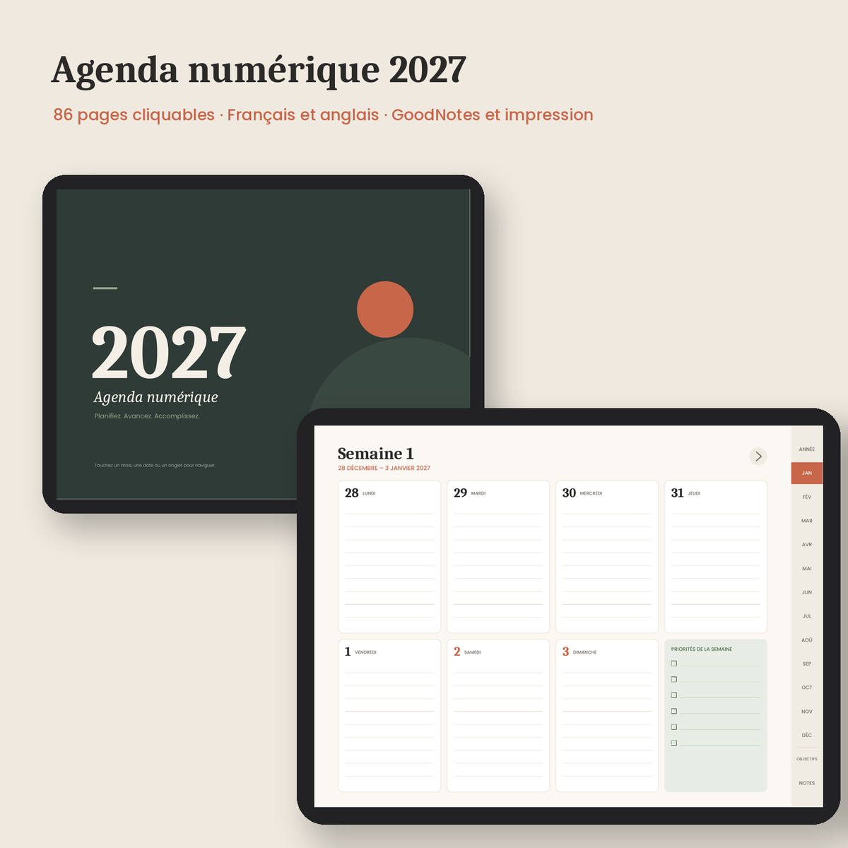 Agenda numérique 2027 – Planner 2027 (FR + EN, GoodNotes)